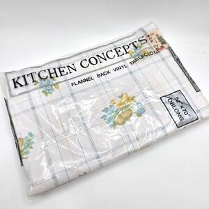 Kitchen Concepts Vinyl Tablecloth Flannel Back 52x70 Oblong Floral Plaid White